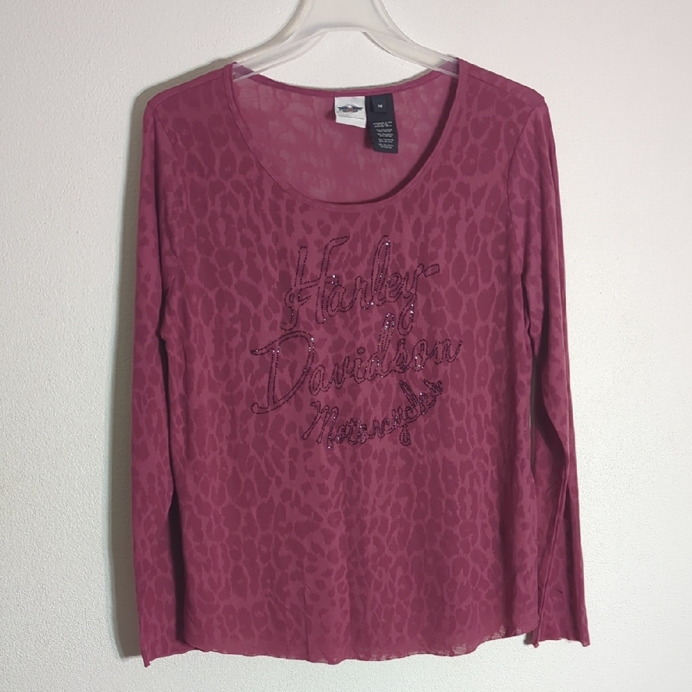 Harley Davidson Womens Shirt Rhinestone Leopard Print Sheer Raw Hem Plus Size 1X